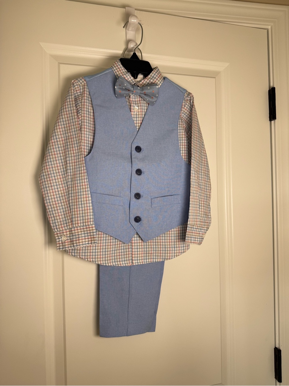Van Heusen Light Blue Boys Dress Vest Set with Plaid Shirt, Pant and Bow